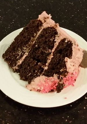 A picture of Dark Chocolate Layer Cake with Fresh Strawberry Cream Frosting and Filling.