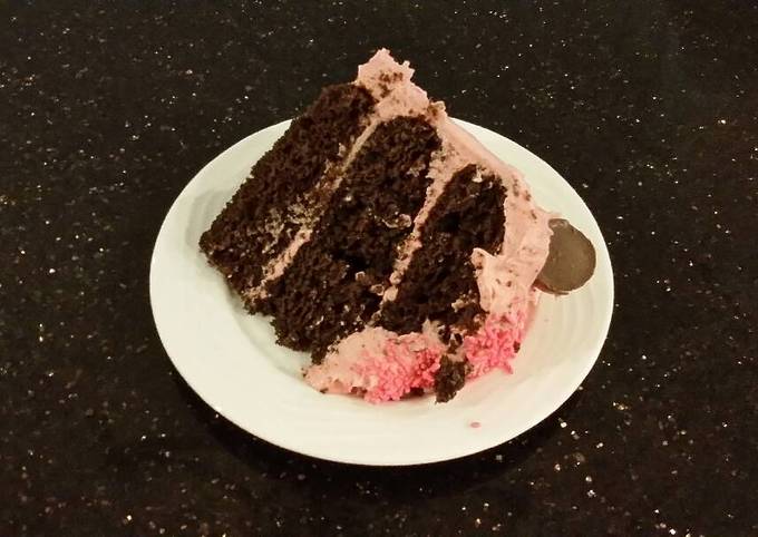 Dark Chocolate Layer Cake with Fresh Strawberry Cream Frosting and Filling