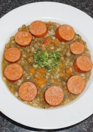 A picture of Lentil Soup with Wheat Berries and Sausage.