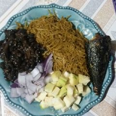 Home made Abacha na akidi (cassava flakes and black eyed peas) A picture of Home made Abacha na akidi (cassava flakes and black eyed peas).