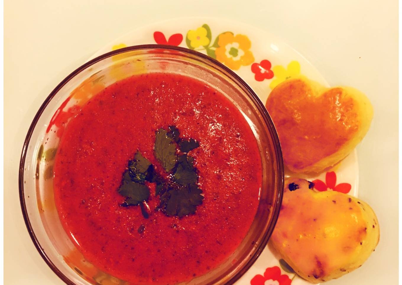 Tomato Coriander Soup with heart shaped fruit Scones