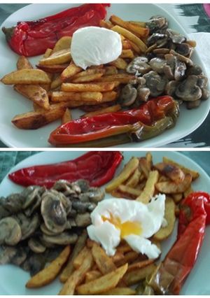 Una foto de Patatas especiadas con huevo poché