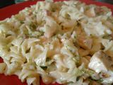 Fideos con crema, brócoli, panceta y pollo ;)