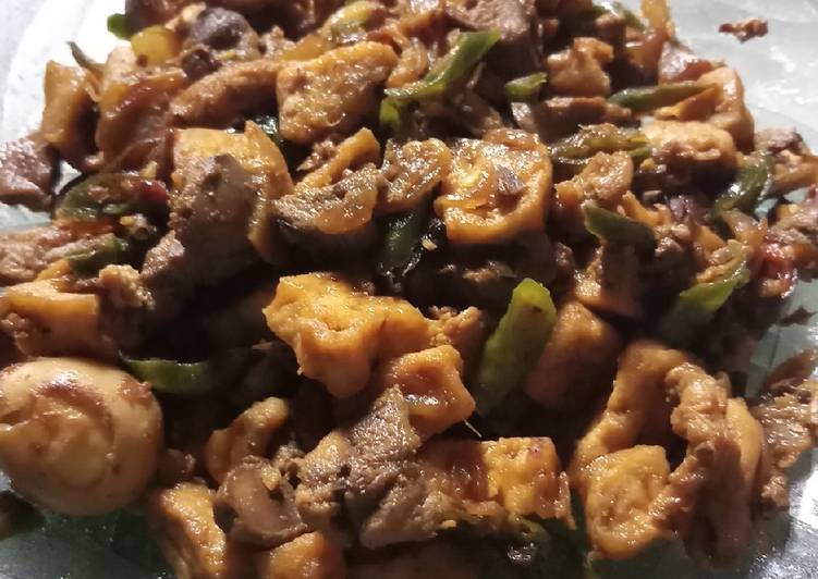 Bahan memasak Oseng Ati Ampela, tahu, dan telur puyuh Anti Gagal