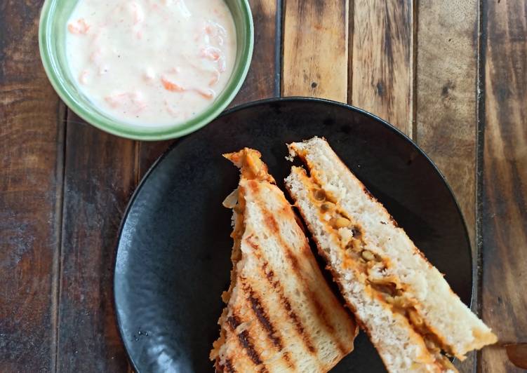 Recipe of Homemade Chanajor garam sandwich with smoky carrot dip!