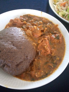 A picture of Black amala and obono soup.