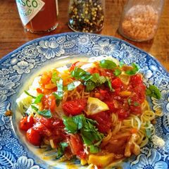 A picture of Angel hair pasta with lemony tomato "jam" (vegan).