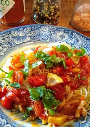 A picture of Angel hair pasta with lemony tomato "jam" (vegan).