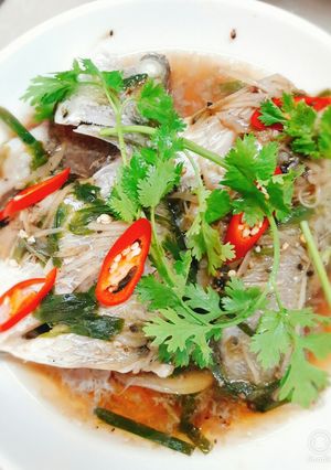 Hình của món Cá chẽm hấp gừng.