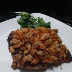 A picture of Pork Rind Baked Chicken Thighs.