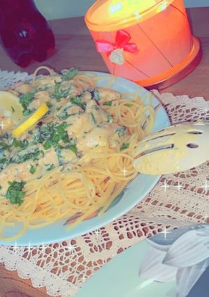 صورة لوصفة سباغيتي بالسبانخ والدجاج