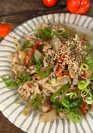 A picture of Pork Belly and Vegetables Fry with much Peppers.