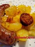 Butifarra asada con patatas y chorizo picante