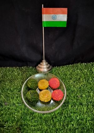 A picture of Three colour semolina sandesh.