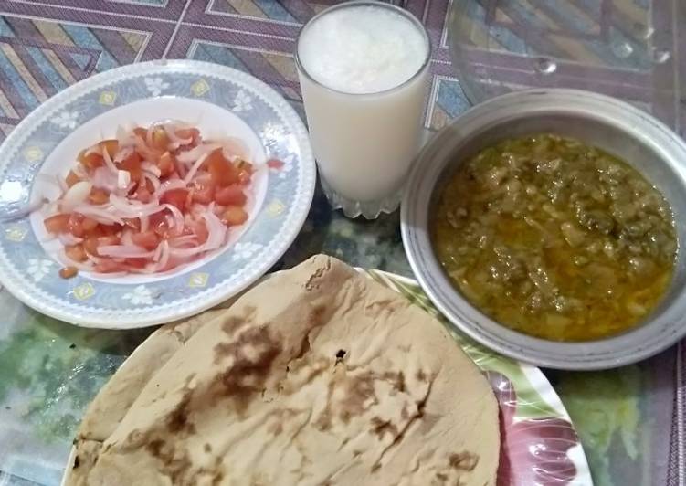 Ghia Tori ki sabzi with salad,lassi and tandoor ki roti