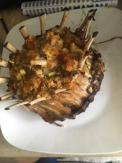A picture of Crown roast of lamb with apricot stuffing.