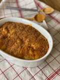 Pitta di patate, piselli gialli, briciole di frisa
