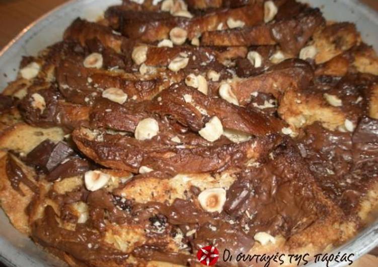 Tsoureki bread pudding with hazelnuts and chocolate