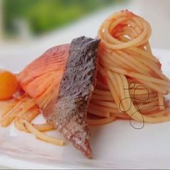 A picture of Tomato Spaghetti With Salmon.