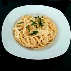 A picture of My Spaghetti with Cheese + Onion Sauce.
