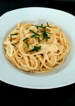 A picture of My Spaghetti with Cheese + Onion Sauce.