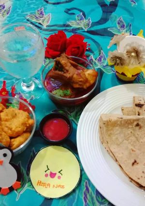 A picture of Aloo Chap and Chicken Ka Salan With Roti.