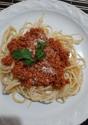 Una foto de Pasta boloñesa de carne con soya