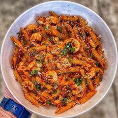 A picture of Garlic & Chilli Lemon King Prawn Pasta w/ Chorizo.