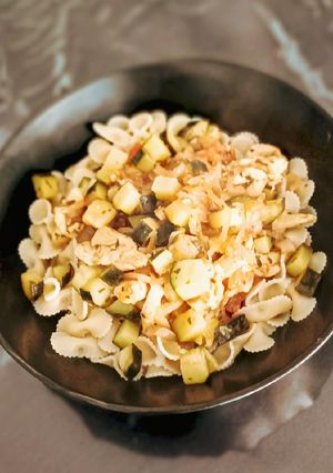 A picture of Marinated Chicken Breast with Pasta.