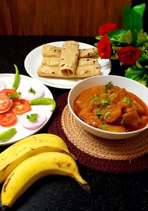 A picture of Raw banana with coconut sabzi (jain recipe).