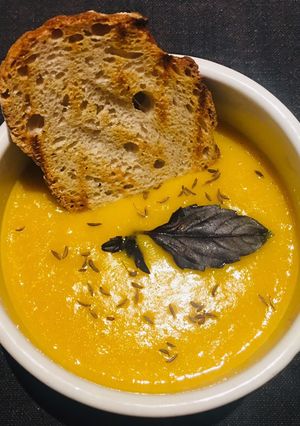 A picture of Sweet potato and sweetcorn soup.