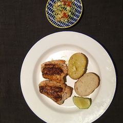 Crispy salmon with spicy garlic bread A picture of Crispy salmon with spicy garlic bread.