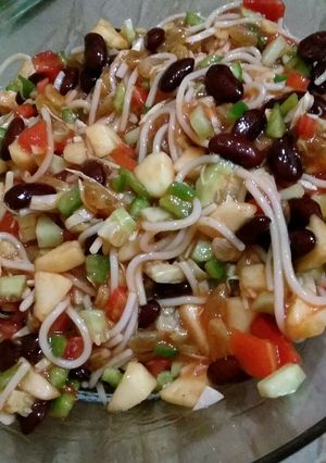 A picture of Rajma/red beans salad with red sauce.