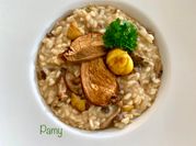 Una foto di risotto alle castagne