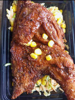 A picture of Char grilled chicken + coleslaw.