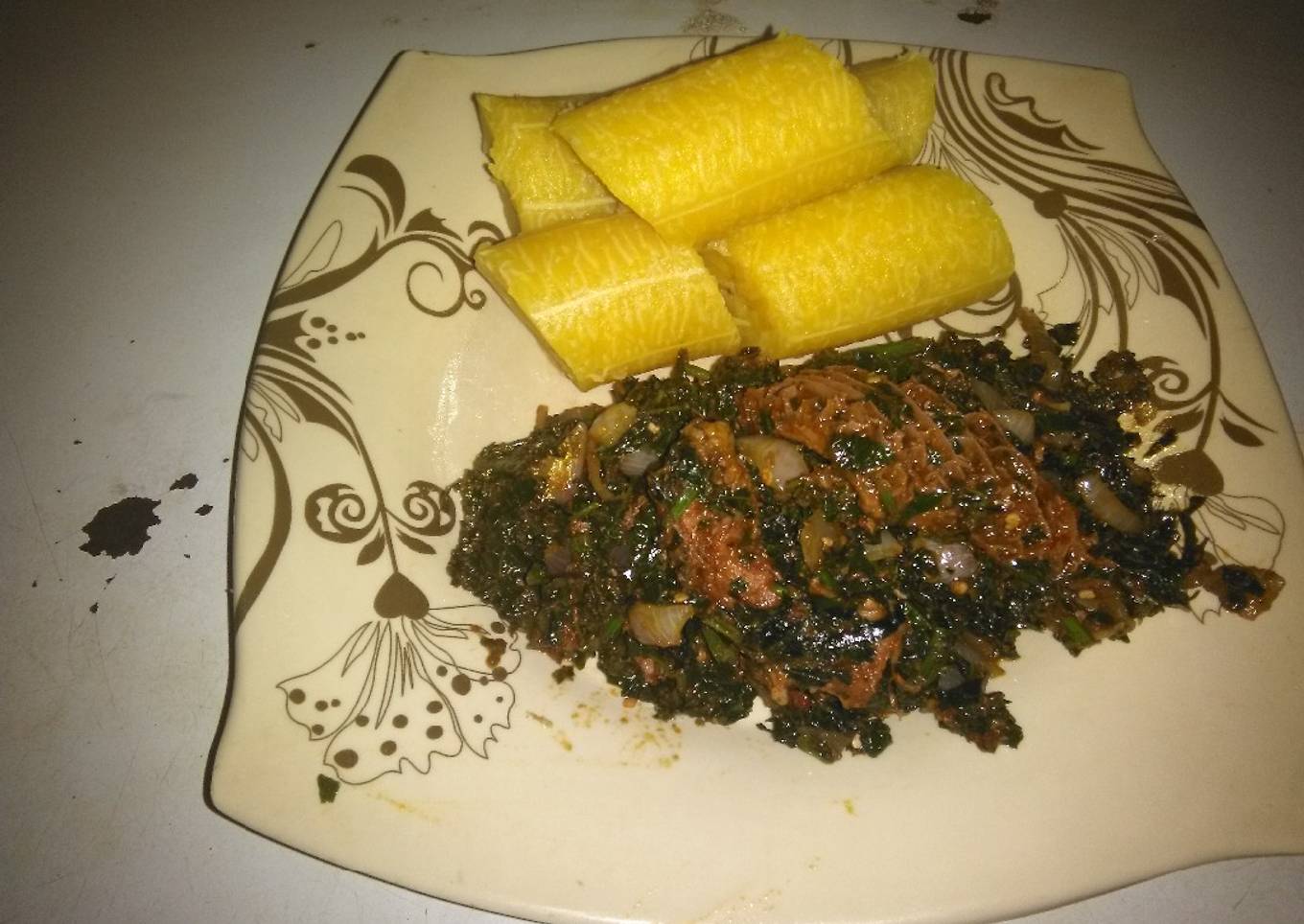 Boiled Plantain with Minced Meat & smoked Fish Veggie Sauce