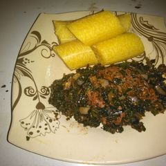 A picture of Boiled Plantain with Minced Meat & smoked Fish Veggie Sauce.