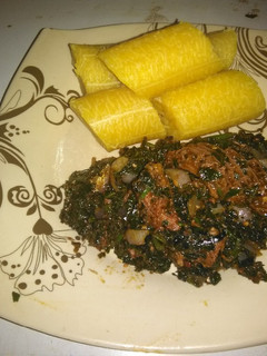 A picture of Boiled Plantain with Minced Meat & smoked Fish Veggie Sauce.