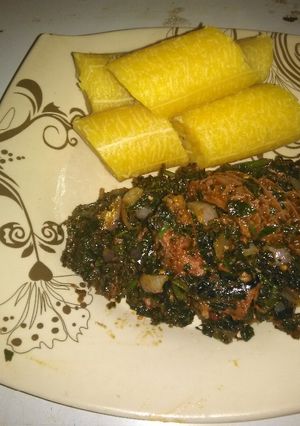 A picture of Boiled Plantain with Minced Meat & smoked Fish Veggie Sauce.