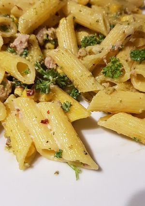 A picture of Vegan Tuna and sweetcorn pasta.
