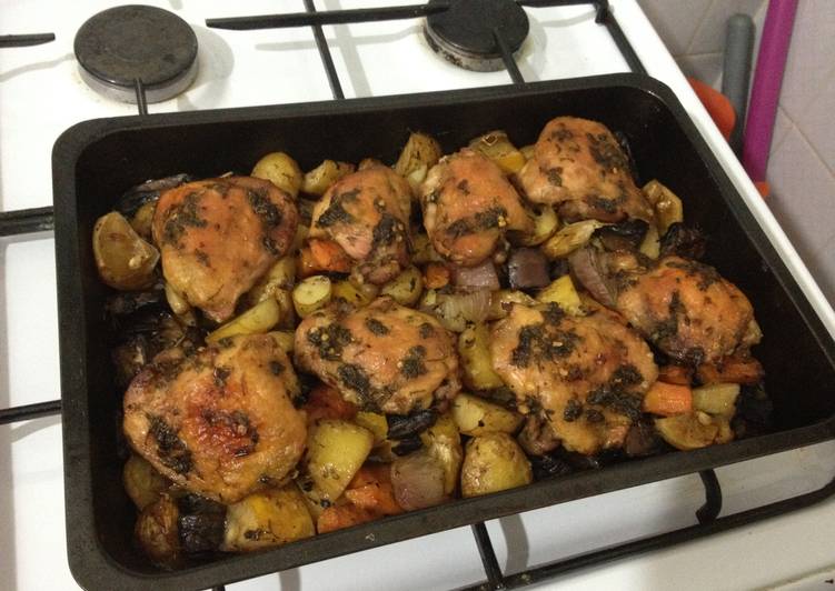 Steps to Prepare Any-night-of-the-week Lemon-N-Garlic Slow Roasted Chicken &amp; Vegetables