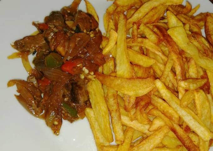 Kibda (Egyptian liver sauce) and French fries