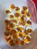 Hot honey fried shrimp deviled eggs