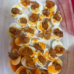 A picture of Hot honey fried shrimp deviled eggs.