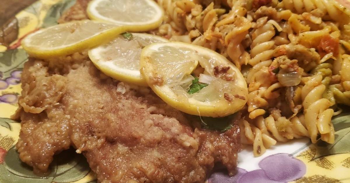 Brad's veal scallopini w/ sausage & sun dried tomato pasta Recipe by