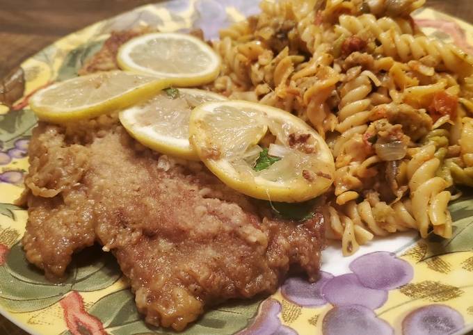 Brad's veal scallopini w/ sausage & sun dried tomato pasta