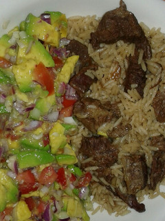 A picture of Beef pilau and guacamole.