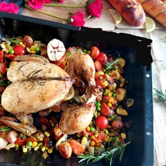 A picture of Chicken roast with veggies.