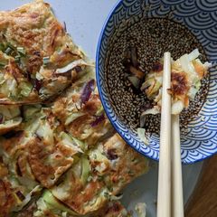 A picture of Korean vegetable pancakes.