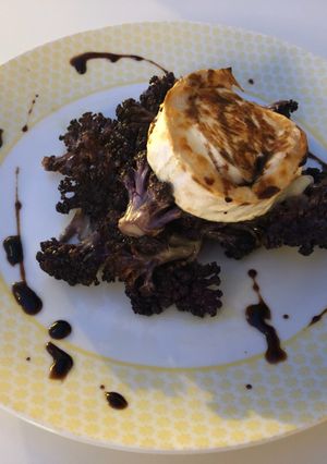 A picture of Roast purple cauliflower and goats cheese.